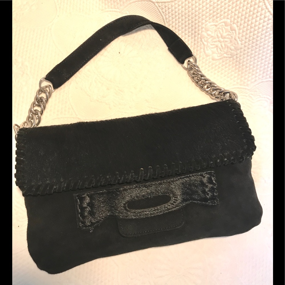 Zara suede and horsehair clutch handbag w/ chain